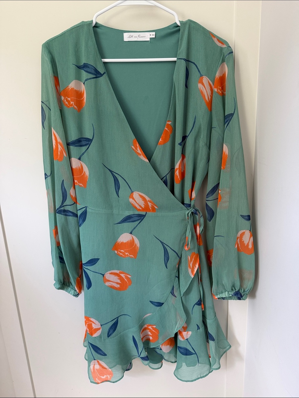 All in Favor Sage Green Wrap Dress with Orange Floral Print - Like New!